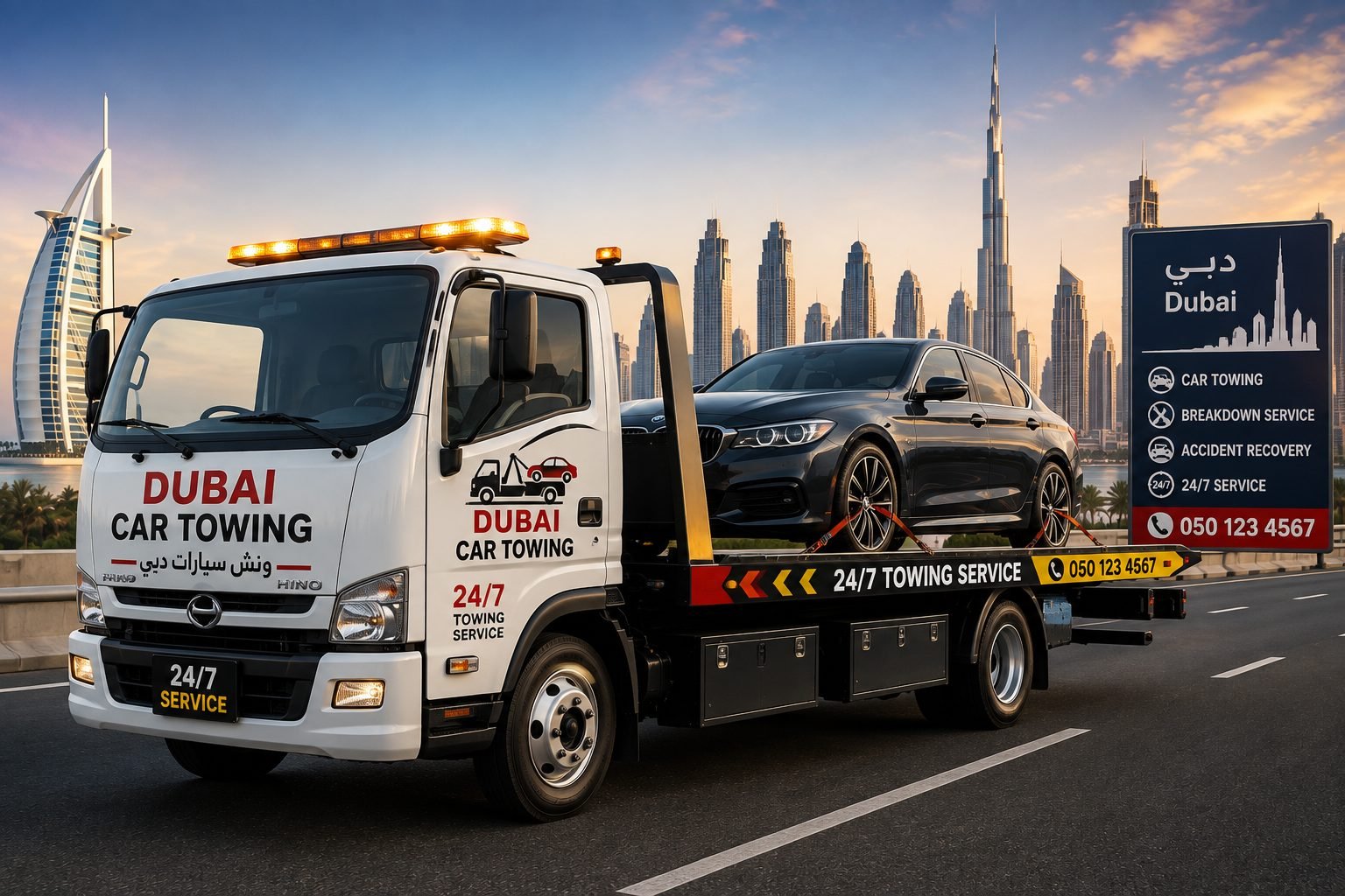 24 Car Towing Dubai flatbed truck carrying a car near Burj Al Arab and Downtown Dubai skyline at sunset