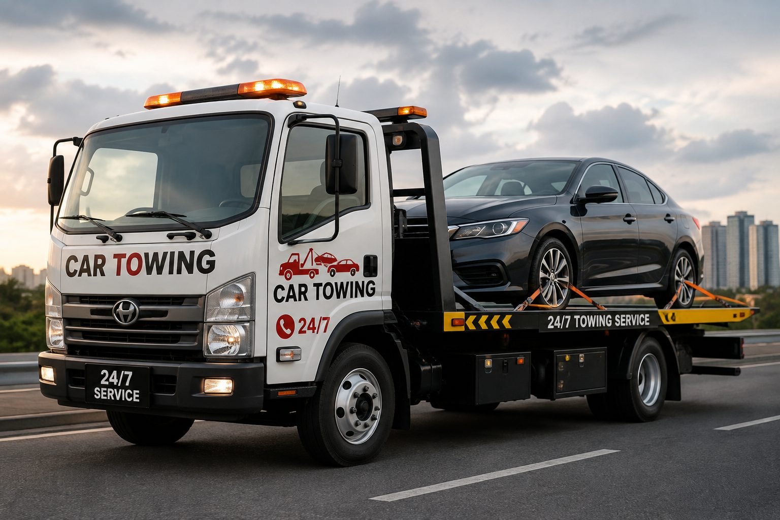 24 Car Towing Dubai flatbed tow truck on the road